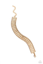 Load image into Gallery viewer, Separated by white rhinestones, rhinestone-covered gold bars and thin sleek gold bars alternate around the wrist for a glitzy display. Features an adjustable clasp closure.  Sold as one individual bracelet
