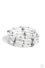 Load image into Gallery viewer, Pearly white seed beads, and various-sized silver accents are threaded along a coiled wire, creating a refined infinity wrap-style bracelet around the wrist. Sold as one individual bracelet
