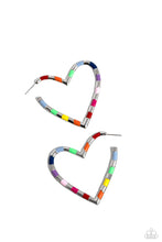 Load image into Gallery viewer, A simple silver hoop of silver curves around the ear into a heart-shaped frame. Featured on the heart frame, multicolored stripes alternate with the high-sheen finish of the silver for a lasting impression. Earring attaches to a standard post fitting. Hoop measures approximately 1 3/4&quot; in diameter.  Sold as one pair of hoop earrings.
