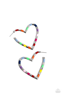 A simple silver hoop of silver curves around the ear into a heart-shaped frame. Featured on the heart frame, multicolored stripes alternate with the high-sheen finish of the silver for a lasting impression. Earring attaches to a standard post fitting. Hoop measures approximately 1 3/4" in diameter.  Sold as one pair of hoop earrings.