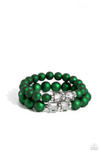 Load image into Gallery viewer, Two strands of oversized emerald green beads featuring a subtle shimmer, silver accents, and clear gray cubed beads stretch around the wrist, creating refined, colorful layers.  The Complete Look! Necklace: &quot;Shopaholic Season - Green&quot;
