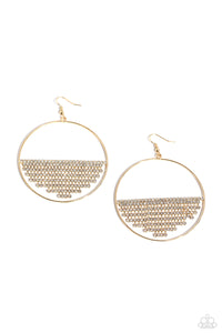 A curtain of white rhinestones is stretched between the edges of a skinny, oversized gold hoop, creating a shimmering display. The rhinestones taper towards the center as they sway and cascade, adding sparkly movement for a fierce industrial finish. Earring attaches to a standard fishhook fitting.  Sold as one pair of earrings.