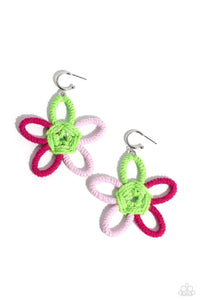 Featuring Kohlrabi, light pink, and Pink Peacock yarn, an oversized flower swings freely from a dainty silver hoop, creating a playful lure. Earring attaches to a standard post fitting. Hoop measures approximately 1/2" in diameter.  Sold as one pair of hoop earrings.