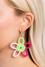 Load image into Gallery viewer, Featuring Kohlrabi, light pink, and Pink Peacock yarn, an oversized flower swings freely from a dainty silver hoop, creating a playful lure. Earring attaches to a standard post fitting. Hoop measures approximately 1/2&quot; in diameter.  Sold as one pair of hoop earrings.

