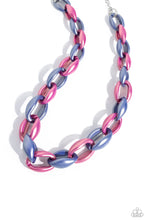 Load image into Gallery viewer, Persian Jewel and Rose Violet concaved hoops gradually increase in size as they elongate towards the middle of the neckline for a colorful combination. Features an adjustable clasp closure.  Sold as one individual necklace. Includes one pair of matching earrings.
