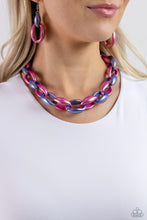 Load image into Gallery viewer, Persian Jewel and Rose Violet concaved hoops gradually increase in size as they elongate towards the middle of the neckline for a colorful combination. Features an adjustable clasp closure.  Sold as one individual necklace. Includes one pair of matching earrings.
