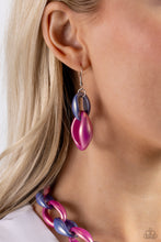 Load image into Gallery viewer, Persian Jewel and Rose Violet concaved hoops gradually increase in size as they elongate towards the middle of the neckline for a colorful combination. Features an adjustable clasp closure.  Sold as one individual necklace. Includes one pair of matching earrings.

