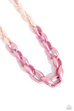 Load image into Gallery viewer, Tender Peach and a softer shade of Rose Violet concaved hoops gradually increase in size as they elongate towards the middle of the neckline for a colorful combination. Features an adjustable clasp closure.  Sold as one individual necklace. Includes one pair of matching earrings.
