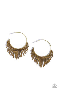 Cascading strands of brass seed beads stream out from the bottom of a classic brass hoop, resulting in a flirtatiously tasseled look. Earring attaches to a standard post fitting. Hoop measures approximately 1 1/2" in diameter.  Sold as one pair of hoop earrings.