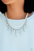 Load image into Gallery viewer, Featuring a white rhinestone square-fitting chain, white teardrop-cut gems, bordered in silver pronged fittings, swing from streams of glittery rhinestones while solitaire teardrop gems drip in an alternating pattern. A strand of gleaming white pearls layers above the silver display for a luxurious finish around the collar. Features an adjustable clasp closure.  Sold as one individual choker necklace. Includes one pair of matching earrings.
