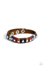 Load image into Gallery viewer, Sections of green, blue, red, brown, and black leather wrap around an urban brown leather band. Emerald-cut silver frames stud the centers of each multicolored suede band, adding a touch of industrial grit to the rustic display. Features an adjustable snap closure.  Sold as one individual bracelet.
