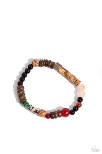 Infused along a stretchy band around the wrist, a strand of colorful glassy, stone, and acrylic beads joins a spotted collection of wood beads for a colorfully urban look. As the stone elements in this piece are natural, some color variation is normal.  Sold as one individual bracelet.