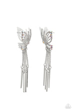Load image into Gallery viewer, Featuring dainty white rhinestones and dainty marquise-cut iridescent gems, a thin, elongated, airy silver butterfly is titled to the side as if about to take off in flight. A collection of dainty silver rods swings from dainty silver chain tassels at the bottom of the whimsical frame for some free-falling movement. Earring attaches to a standard post fitting. Due to its prismatic palette, color may vary.  Sold as one pair of post earrings.
