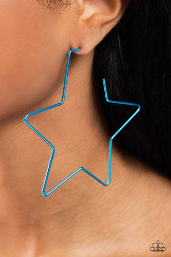 A thin, oversized blue metallic bar delicately folds into a star-shaped hoop, resulting in a stellar statement. Earring attaches to a standard post fitting.  Sold as one pair of hoop earrings.