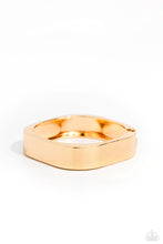 Load image into Gallery viewer, Featuring a sleek, high-sheen finish, a thick gold cuff asymmetrically wraps around the wrist, creating a tilted square centerpiece for a monochromatic staple. Features a hinged closure.  Sold as one individual bracelet.
