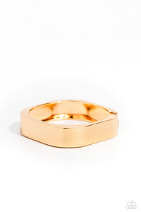 Featuring a sleek, high-sheen finish, a thick gold cuff asymmetrically wraps around the wrist, creating a tilted square centerpiece for a monochromatic staple. Features a hinged closure.  Sold as one individual bracelet.