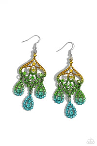 Three rhinestone-encrusted teardrops drip from the bottom of an ornate decorative frame, creating an elegant fringe. The decorative frame swirls with ombré rhinestones that go from yellow to green to blue shades in varying sizes for a timelessly over-the-top sparkle. Earring attaches to a standard fishhook fitting.  Sold as one pair of earrings.