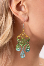 Load image into Gallery viewer, Three rhinestone-encrusted teardrops drip from the bottom of an ornate decorative frame, creating an elegant fringe. The decorative frame swirls with ombré rhinestones that go from yellow to green to blue shades in varying sizes for a timelessly over-the-top sparkle. Earring attaches to a standard fishhook fitting.  Sold as one pair of earrings.
