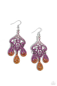 Three rhinestone-encrusted teardrops drip from the bottom of an ornate decorative frame, creating an elegant fringe. The decorative frame swirls with ombré rhinestones that go from pink to purple to orange shades in varying sizes for a timelessly over-the-top sparkle. Earring attaches to a standard fishhook fitting.  Sold as one pair of earrings.