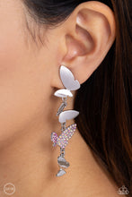 Load image into Gallery viewer, Three butterflies with high-sheen silver wings and one pink iridescent-encrusted butterfly flutter down the ear, creating a free-spirited lure. Each butterfly swings in whimsical asymmetry, creating the look of butterflies flying in alternating directions. Earring attaches to a standard clip-on fitting. Due to its prismatic palette, color may vary.  Sold as one pair of clip-on earrings.
