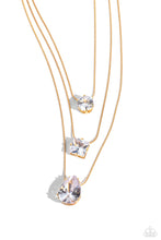 Load image into Gallery viewer, Featuring a subtle iridescent finish, exaggerated, faceted round, square, and teardrop gems layer down the chest from three sleek gold dainty chains, in a refined fashion. Features an adjustable clasp closure. Due to its prismatic palette, color may vary.  Sold as one individual necklace. Includes one pair of matching earrings.
