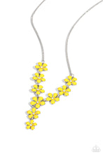 Load image into Gallery viewer, Dotted with white rhinestone centers, whimsical Primrose paint flowers delicately link into an extended pendant below the collar for an ethereal fashion. Features an adjustable clasp closure.  Sold as one individual necklace. Includes one pair of matching earrings.
