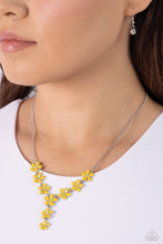 Load image into Gallery viewer, Dotted with white rhinestone centers, whimsical Primrose paint flowers delicately link into an extended pendant below the collar for an ethereal fashion. Features an adjustable clasp closure.  Sold as one individual necklace. Includes one pair of matching earrings.
