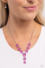Load image into Gallery viewer, Dotted with iridescent rhinestone centers, whimsical Rose Violet paint flowers delicately link into an extended pendant below the collar for an ethereal fashion. Features an adjustable clasp closure. Due to its prismatic palette, color may vary.  Sold as one individual necklace. Includes one pair of matching earrings.
