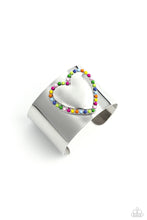 Load image into Gallery viewer, Featuring Rose Violet, light pink, Classic Green, Kohlrabi, Persian Jewel, Summer Song, High Visibility, red, and orange beads, the center of a thick silver cuff swoops and curls into a charming heart, creating a retro-inspired fashion.  Sold as one individual bracelet
