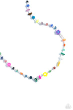Load image into Gallery viewer, Infused on an invisible wire, an assortment of multicolored beads, acrylics, and chiseled stones alternating with dainty silver rods coalesce around the neckline for a youthful pop of color. Features an adjustable clasp closure. As the stone elements in this piece are natural, some color variation is normal.  Sold as one individual necklace. Includes one pair of matching earrings.
