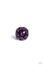 Load image into Gallery viewer, Featuring a regal square cut, an oversized plum gem nestles inside a rounded square purple metallic frame encrusted in glassy hematite, purple, and amethyst rhinestones for a dramatically glamorous look. Features a dainty stretchy band for a flexible fit.  Sold as one individual ring.
