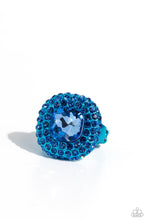 Load image into Gallery viewer, Featuring a regal square cut, an oversized Persian Jewel gem nestles inside a rounded square blue metallic frame encrusted in glassy blue rhinestones for a dramatically glamorous look. Features a dainty stretchy band for a flexible fit.  Sold as one individual ring.
