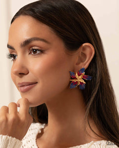 Featuring a warped, metallic texture, a gold flower blooms atop the ear, while a larger gold warped flower featuring Persian Jewel and Pink Peacock accents adds a vibrant pop of color to the whimsical centerpiece. Earring attaches to a standard post fitting.  Sold as ne pair of post earrings.