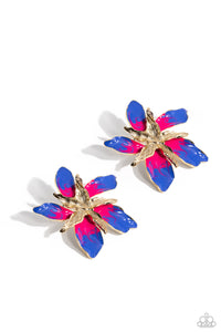 Featuring a warped, metallic texture, a gold flower blooms atop the ear, while a larger gold warped flower featuring Persian Jewel and Pink Peacock accents adds a vibrant pop of color to the whimsical centerpiece. Earring attaches to a standard post fitting.  Sold as ne pair of post earrings.