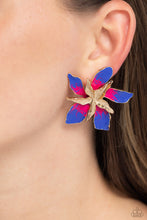 Load image into Gallery viewer, Featuring a warped, metallic texture, a gold flower blooms atop the ear, while a larger gold warped flower featuring Persian Jewel and Pink Peacock accents adds a vibrant pop of color to the whimsical centerpiece. Earring attaches to a standard post fitting.  Sold as ne pair of post earrings.
