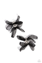 Load image into Gallery viewer, Featuring a layered motif, elongated black silk petals are separated by a sprinkle of white gems in silver fittings that mingle with a cluster of dreamy white pearls, creating a high-society fringe. Earring attaches to a standard fishhook fitting.  Sold as one pair of earrings.
