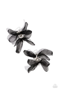 Featuring a layered motif, elongated black silk petals are separated by a sprinkle of white gems in silver fittings that mingle with a cluster of dreamy white pearls, creating a high-society fringe. Earring attaches to a standard fishhook fitting.  Sold as one pair of earrings.