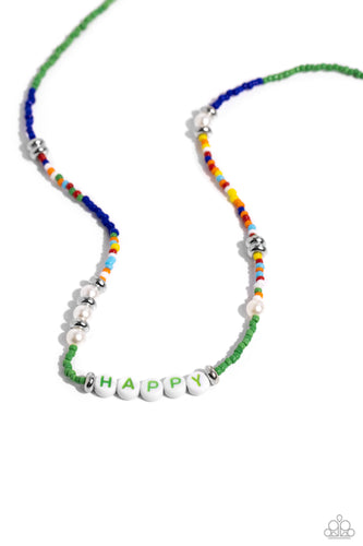 Infused along an invisible string, white pearls, multicolored seed beads, silver accents, and white beads spelling out the word 
