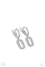 Load image into Gallery viewer, Two oversized links, one a sleek silver, the other embellished with a blinding collection of white rhinestones, coalesces into a luxurious lure as it sways from the ear. Earring attaches to a standard clip-on fitting.  Sold as one pair of clip-on earrings.
