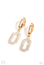 Load image into Gallery viewer, Two oversized links, one a sleek gold, the other embellished with a blinding collection of white rhinestones, coalesces into a luxurious lure as it sways from the ear. Earring attaches to a standard clip-on fitting.  Sold as one pair of clip-on earrings.
