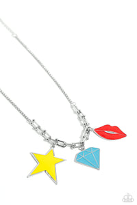 A strand of gleaming silver popcorn chain leads the eye down to a collection of silver horseshoe-like strands that coalesce below the collar. Attached to the horseshoe fittings, an oversized yellow star, turquoise diamond, and red lip charm add a youthful pop of color to the design for a trendy finish. Features an adjustable clasp closure.  Sold as one individual necklace. Includes one pair of matching earrings.