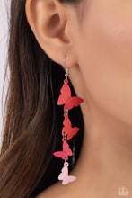 Load image into Gallery viewer, A collection of red, pink, and baby pink butterflies fall from the ear in an alternating, haphazard pattern, slowly decreasing in size, culminating in a whimsical lure. Earring attaches to a standard fishhook fitting.  Sold as one pair of earrings.
