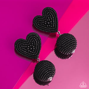 A black seed bead heart frame gives way to strands of black seed beads that decoratively spin around a spherical frame, resulting in a colorful three-dimensional display. Earring attaches to a standard post fitting.  Sold as one pair of post earrings.
