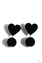 Load image into Gallery viewer, A black seed bead heart frame gives way to strands of black seed beads that decoratively spin around a spherical frame, resulting in a colorful three-dimensional display. Earring attaches to a standard post fitting.  Sold as one pair of post earrings.
