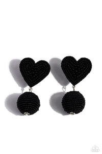 A black seed bead heart frame gives way to strands of black seed beads that decoratively spin around a spherical frame, resulting in a colorful three-dimensional display. Earring attaches to a standard post fitting.  Sold as one pair of post earrings.
