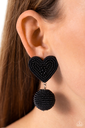 A black seed bead heart frame gives way to strands of black seed beads that decoratively spin around a spherical frame, resulting in a colorful three-dimensional display. Earring attaches to a standard post fitting.  Sold as one pair of post earrings.