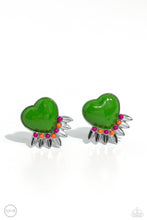 Load image into Gallery viewer, A Classic Green heart pressed in a sleek silver frame stands out at the ear. Textured silver leaves flare out from a curved cluster of Rose Violet and orange seed beads that adorn the bottom of the heart display, creating a spring-inspired fringe. Earring attaches to a standard clip-on fitting.  Sold as one pair of clip-on earrings.
