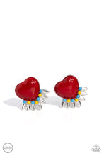 Load image into Gallery viewer, A red heart pressed in a sleek silver frame stands out at the ear. Textured silver leaves flare out from a curved cluster of turquoise and yellow beads that adorn the bottom of the heart display, creating a spring-inspired fringe. Earring attaches to a standard clip-on fitting.   Featured inside The Preview at Made for More! Sold as one pair of clip-on earrings.
