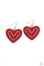 Load image into Gallery viewer, A red-painted heart is covered in rows of tiny white rhinestones and red pearls, emitting radiant shimmer as it swings from the ear. Earring attaches to a standard fishhook fitting. Sold as one pair of earrings.
