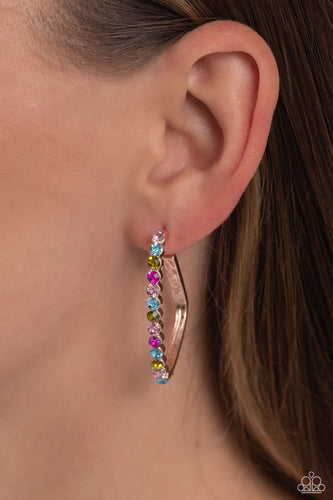 The front of a bold rose gold hoop is encrusted in multicolored rhinestones, creating a sparkly spectrum of color. The multicolored scalloped frame leisurely bends into an airy triangular frame for a geometric motif. Earring attaches to a standard post fitting. Hoop measures approximately 1/2